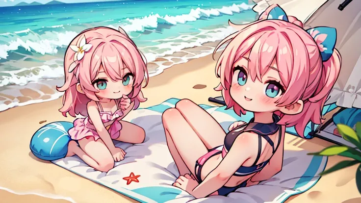 2d, masterpiece, best quality, anime, highly detailed face, highly detailed eyes, highly detailed background, beach lighting, 1girl, solo, full body, pink hair, two piece bikini, smiling, sandy beach background, sitting on the sand
