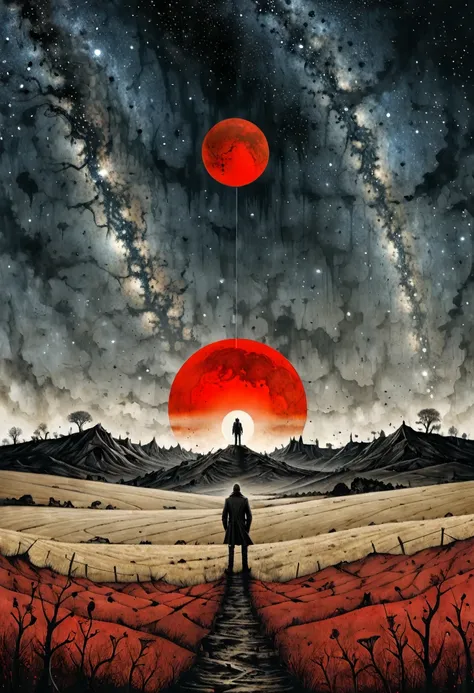 Santiago Caruso style,linear delusion, Collage art：Man standing in a field，Behind me is a huge red sun，Fantasy art, Milky Way,figure, vector