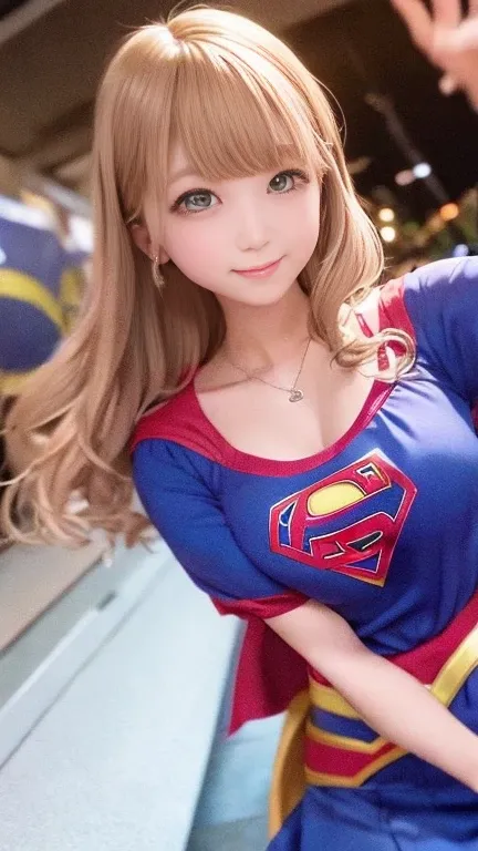 In the city、On the road、(Supergirl Uniform、Supergirl Costume、supergirl cosplay、Mini skirt outfit、supergirl costume、Sexy super girl college student)、Off the shoulder、Cleavage、1 girl、Medium breast、Bob Hair、masterpiece:1.3、Raw photo、Highest quality、Highest qu...