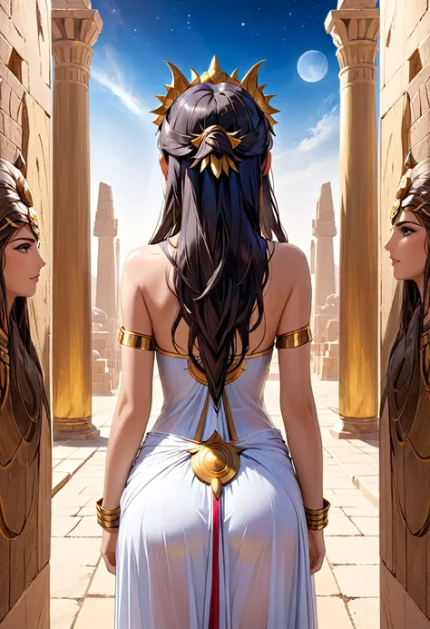 Goddess Ishtar from behind looking at the camera