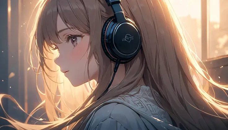 a girl listening to music with headphones, shot from very far away, anime style, detailed portrait, beautiful long hair, serene expression, soft lighting, warm color tones, highly detailed facial features, intricate clothing folds, delicate hands, shallow ...