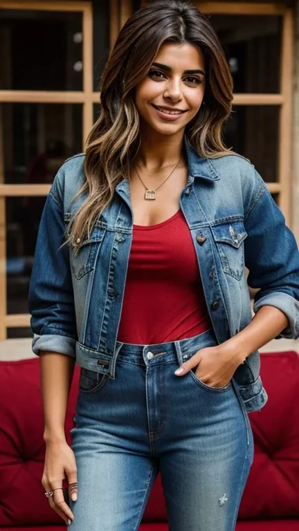 Nadia Hilker wearing red denim clothes and smiling