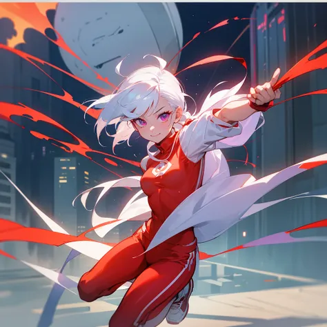 Screenshot of my hero academy , a young girl with white hair and a red streak and her eyes are red and her skin is light, She is wearing her heroine outfit and red sneakers., in the background you can see a building or city , Whole body, with a smile and f...