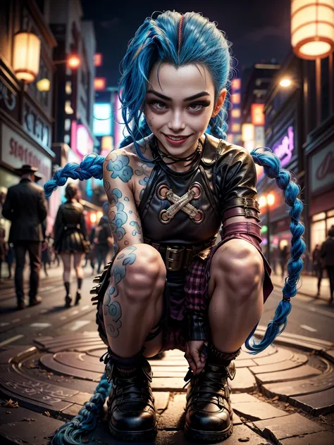 ((Jinx wears a Harajuku Tech costume), Cowboy-shot, wind, tousled hair, (Aesthetics and atmosphere:1.2),smiling, Laugh, from the back, crouching