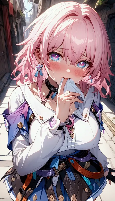 (Masterpiece. The best quality. 8K. Sharp focus. Depth of field, The best shadows. Perfect lighting. HDR. Realistic skin texture. Ultra-detailed background. Detail). Anime style. Honkai: Star Rail. March 7. 1 girl. Pink hair. Short hair Pink-pearlescent ey...