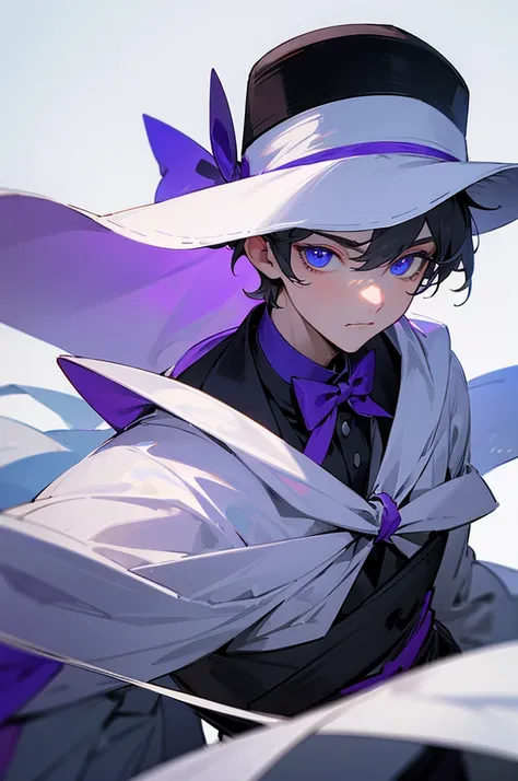 It is white, with parts of his body colored violet and his bow and hat are black, his eyes are blue.