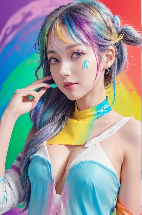 （Pink Fashion T-Shirt：1.9），(colorfulな髪: 1.8), (All the colors of the rainbow: 1.8),(((((vertical painting：1.6))), （painting：1.6），front, comics, shapes, paintings, Big eyes, Clear Eyes,（ Rainbow gradient high ponytail：1.7）, Exquisite makeup, Mouth closed,(S...