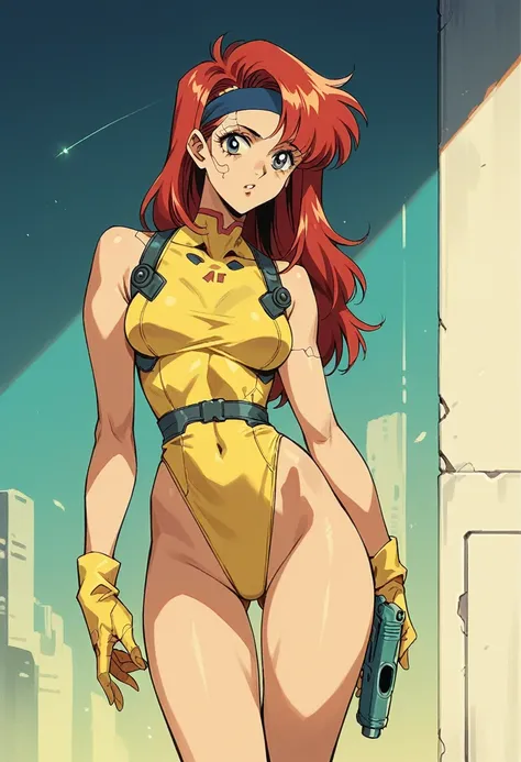 Kei from The Dirty Pair, , wearing a tight yellow outfit, frame, legs, medium breast, red hair beauty, cyberpunk city background, holding retro space-gun, headband, slim waist, slim thighs, thigh gap