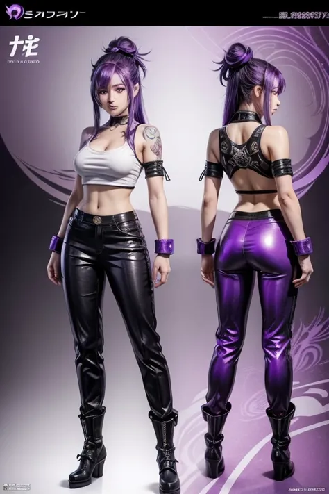 a character sheet of a female character with purple hair and black pants, official character art, fighting game character, king of fighters character, ( ( concept character art ) ), As a Tekken character, official concept art, anime character design, best ...