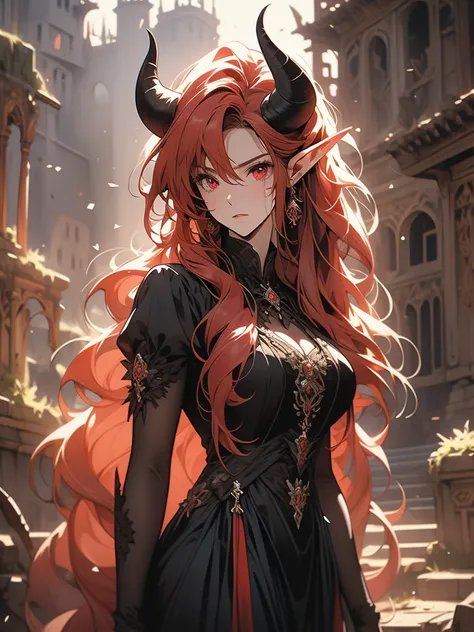 (masterpiece, high quality, highly detailed) 
a beautiful demon woman, in her 30s, with goat-like horns. she has long, flowing r...