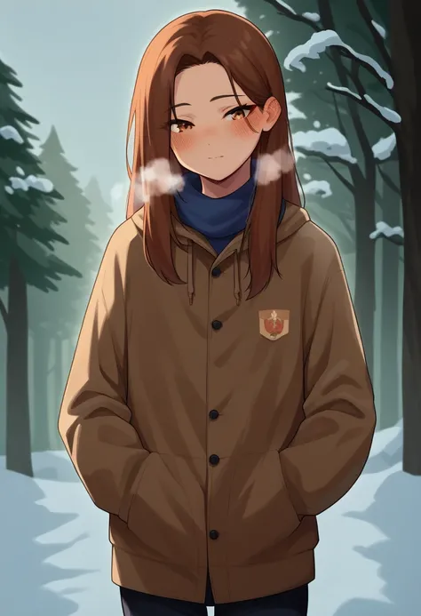 masterpiece, best_quality, 1girl, aisaka_taiga, brown_eyes, brown_hair, long_hair, flat_chest, winter_clothes, winter, steam, blush