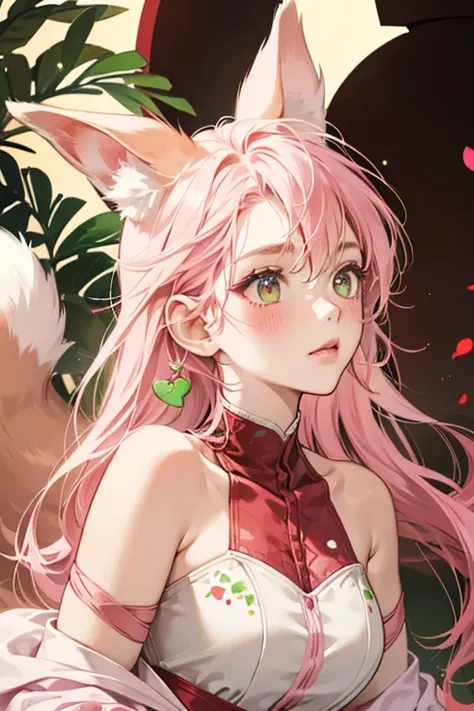 Kaz is a pink girl squirrel with dark red seeds printed on her body. her ears and tail are light green and the inside of  her ears are light pink. her face  are white with a light green blush.  SPARKLE; GLITTER