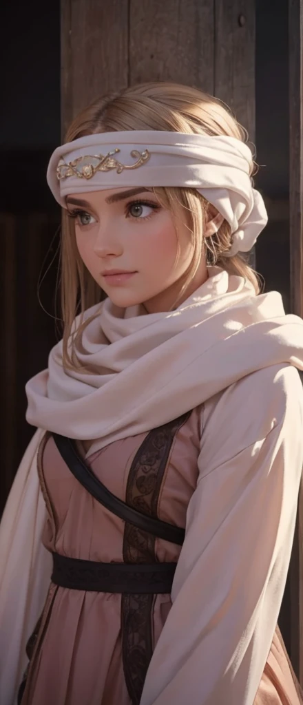 a beautiful girl , standing alone with a cowl headband, profile view looking at the viewer, extremely detailed eyes and face, ma...