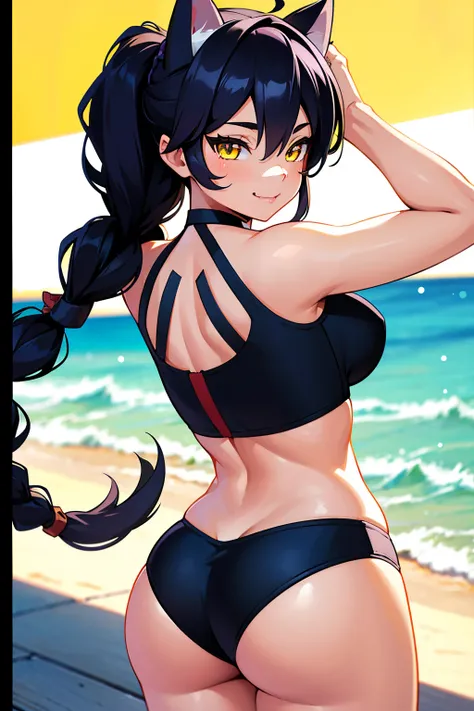 Erisa, 1girl, solo, long hair, looking at viewer, black hair, bandaid on face, yellow eyes, animal ears, smile, bandaid on nose, braid, cat ears, bandaid, bangs, breasts, fake animal ears, simple background, fang, bare shoulders, scar, bare shoulders, clos...