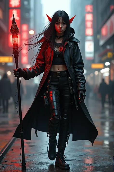 Cute Girl, elf, full body, Wizard, pointed ears, masterpiece,(bestquality),highlydetailed,ultra-detailed, 1 girl,(black and red tones),(mechanical),(cool),(biodesign),( biomechanics),long hair,(wires and tubes),(futuristic outfit),(leather jacket),(combat ...