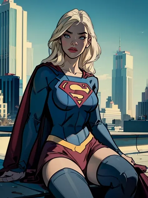 supergirl sitting on a rooftop building, wearing supergirl outfit, lost in deep thought, looking at the city, perfect eye, beaut...