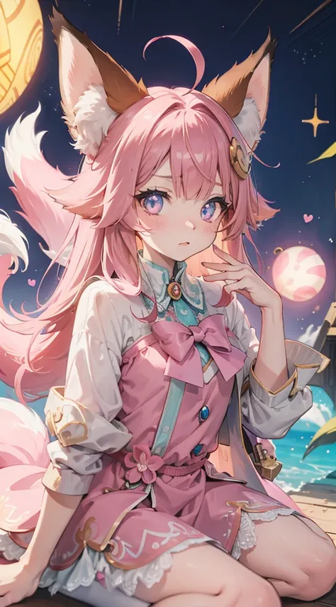 Fox Girl，Fox ears，Fox Tail，Big furry tail，Big furry ears，大号Fox ears，巨大Fox ears，Big furry ears，Pink Hair，Pink hair，Pink Hair，Long hair，Wearing hair，style of magical girl洛丽塔服装，Pink Lolita costume，Pink dress，style of magical girl，Sister，cute，Shy，Close-up abov...