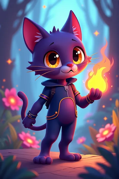 high dynamic range hdr photography of create a stunning, cartoon-style illustration of a dark purple, manly cat character designed for a lively platformer game. the cat should have an adventurous design with a big head, large, expressive yellow eyes. dress