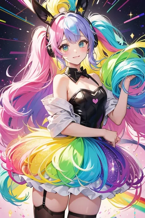 Ebby is a rainbow girl bunny with yellow, blue, pink, purple, and green colors swirling all over her body. She has hot pink cheeks and black whiskers. SPARKLE; GLITTER