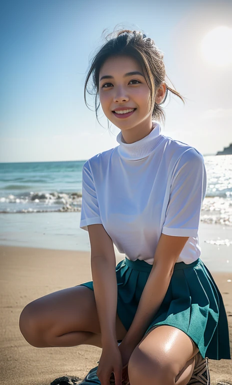 (a gorgeous asian lady, age 20s, wearing a wet oversized white high-neck polo-shirt, pleated skirt, squatting at a polluted beac...