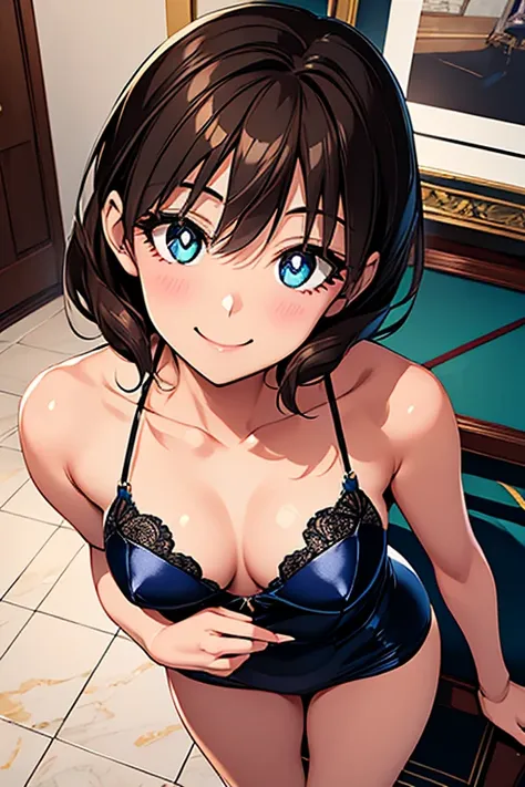 megumi amano、shiny brown hair, short hair, beautiful blue eyes、small waist、small breasts、modest chest、smile、sparkling eyes, (fin...