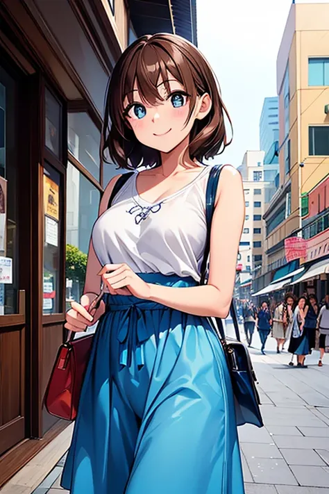 megumi amano、shiny brown hair, short hair, beautiful blue eyes、small waist、small breasts、modest chest、smile、sparkling eyes, (fin...