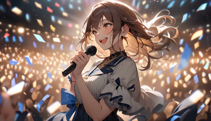 (super detailed, ultra hd, 8k, best quality, masterpiece, super realistic, realistic light) girl, idol, standing, singing, hype ...