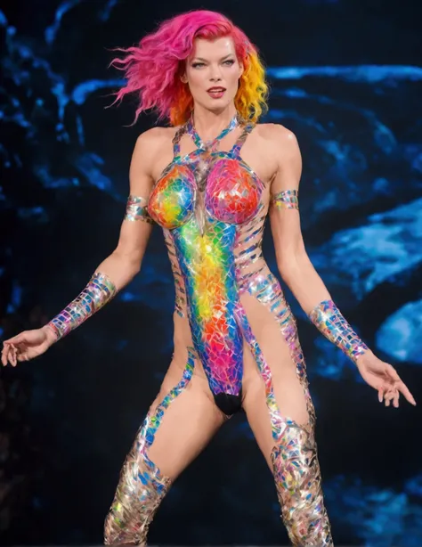 Milla Jovovich *ahe 20, neon rainbow hair, matching metal tape outfit) is performing on stage, likely performance, big leg movements
