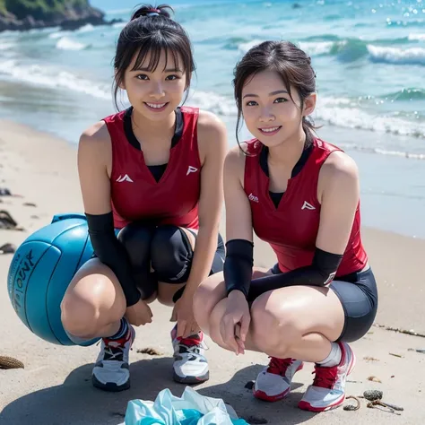 (2 beautiful Asian women volunteers, age 28, wearing White Tight Lightweight Synthetic Korea Volleyball Jersey, Red Spandex Shorts, Ankle Braces and Knee Pads, Squatting down, Collecting Ocean Debris Plastic Trash Rubbish Garbage, Early Dawn On The Beach,
...