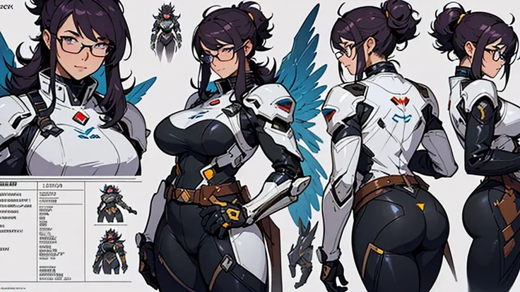 Close-up of a chubby mature woman in a multidetailed mecha bodysuit, ((character concept art)), ((character design sheet, same character, front, side, back)) character art of maple story, video game character design, video game character design, maple stor...