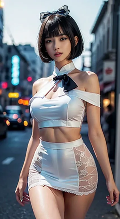 ((masterpiece))), (((top quality))), (((Super detailed))), Power Walking Poses, A woman, (((very thin body))), 18 years,(immensely large breasts,narrow waist and thick legs) (((short black bob, thick and puffy bangs))), no cosmetics, small and thin nose, b...