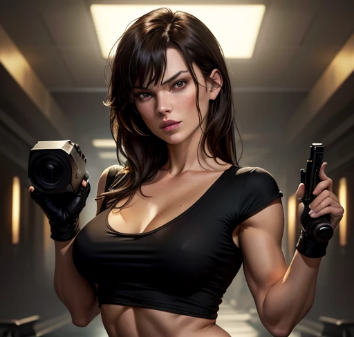    Milla Jovovich micro shorts open black t-shirt likra long neckline body .  muscular big breasts medium buttocks straight hair with yellow buns with guns in his hands 