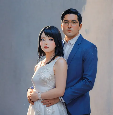 ((A couple in love)), ((woman with black hair wearing a white dress)), standing with ((a man with short black hair, wearing a blue suit)) detailed portrait, stunning detailed face portrait, beautiful waist up portrait, anime style.