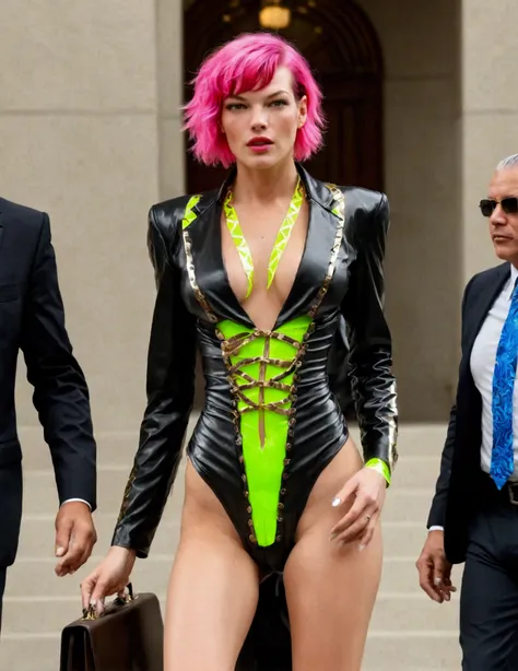 milla jovovich (age 20, neon hair, matching metal tape sexy business outfit) is entering the courthouse, briefcase in hand