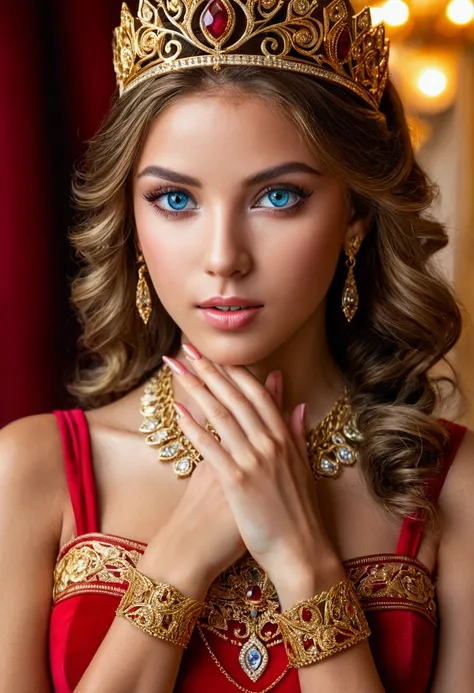 (princess ,intricate gold jewelry,athletic and fit body,perfect hands,detailed hands,perfect eyes,detailed eyes,flirty,sexy,realistic,HDR,UHD,dynamic,portrait,photorealistic,rich and vibrant colors,soft lighting) red biki