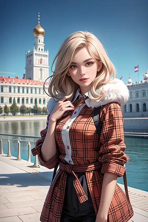 1 girl, plaid shirt, fur coat, Kremlin Palace background, outdoor, Hive,Best Quality, ultra high resolution, photorealistic,