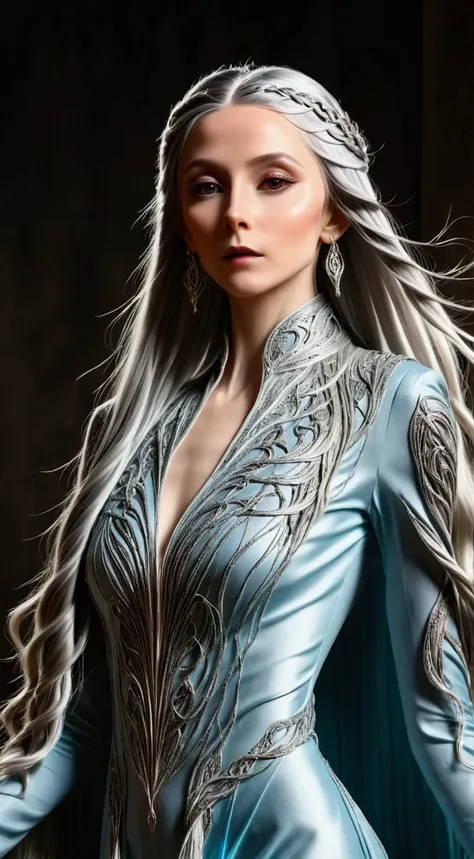 image of a {1elven stunning pose, standing elegant still, photo_model pose, bright shining high collar haute couture royal regalia robe, perfect proportional anatomy, girl with high heels, silver long hair, multi braid hair, bright shining dress, UHD, intr...