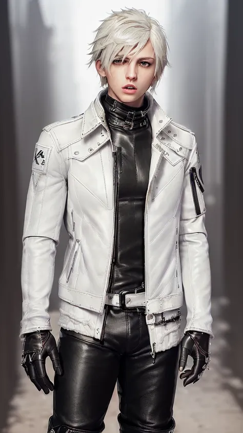 ((Final fantasy taste and reality graphics,)) (((Japanese young cute and cool ikemen  boy))), his age is early 20s, thin eyebrows and beady eyes,  (((((boy wearing off white color leather  thick and heavy material jacket))))), (((((jacket is singlebrest)))...