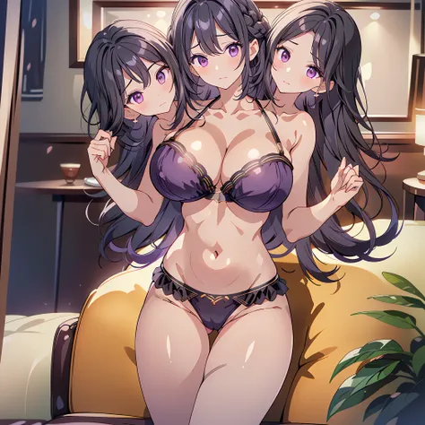 best quality, (masterpiece),(ultra-detailed), (high quality), (high resolution), (3heads:1.5) ((black long hair)), ((identical hair color)), black eyes, ((three headed woman)) ((huge breasts)), ((k-cup breasts)), cleavage, ,best quality:1.5, highres, UHD, ...