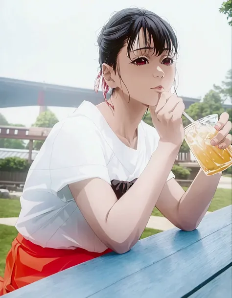 demon slayer style, there is a woman sitting at a picnic table drinking a drink, Chiho, Yoshitomo Nara, by Torii Kiyomoto, sakimichan, kimi takemura, shiori teshirogi, shikamimi, Yasumoto Oka, ad image, of a youthful japanese girl, by Tadashi Nakayama
