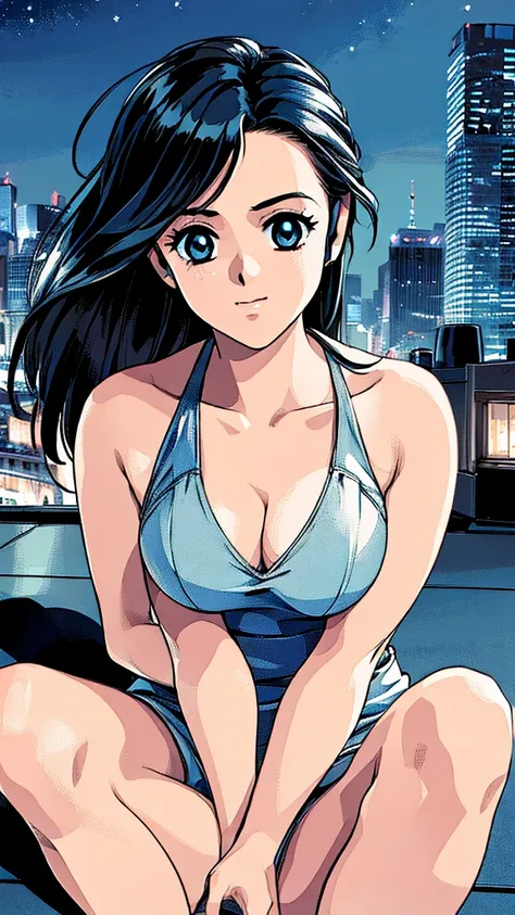 ((masterpiece)),(((Highest quality))),((Super detailed)) Realistically, 1 Girl, beautiful, Wearing headphones, one person　 Watching the night view, city, Starry Sky, building, night.　Long Black Hair　The wind is blowing　Cleavage　cool 　Rooftop High quality　S...