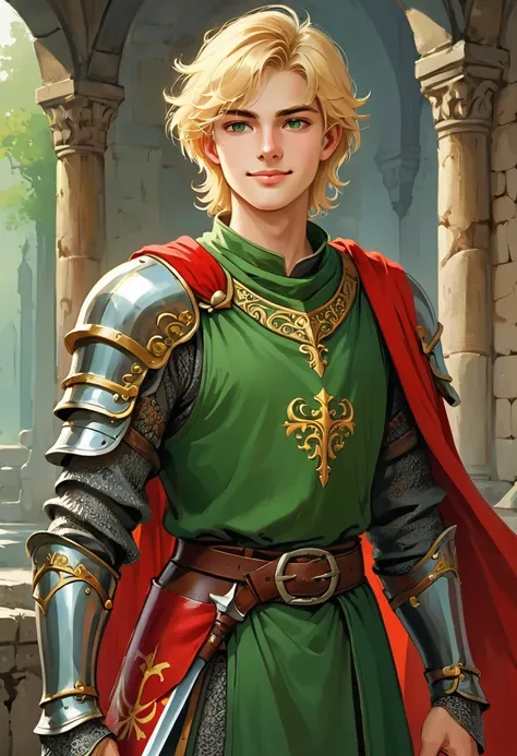 18 year old boy Blonde Hair, lazy and somewhat messy, reflecting his charismatic nature. Eyes of a green color. Pleasantly attractive face with youthful features, but somewhat mature and charismatic. The expression should show a charming smile that contras...