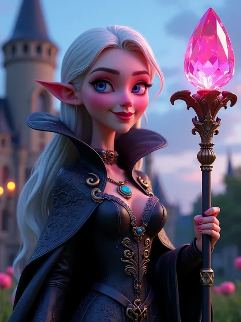 3D Pixar style, close-up of beautiful vampire Queen holding magic staff with (giant crystal tulip on top shimmering with few colors), (slightly open mouth with visible fangs:1.3), mischievous expression, long white hair, sapphire eyes, extravagant sharp or...