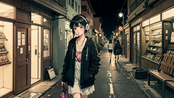 1 girl, 90s anime style, I have headphones on, Walking in the city at night, Chill, Emotional, Lo-Fi