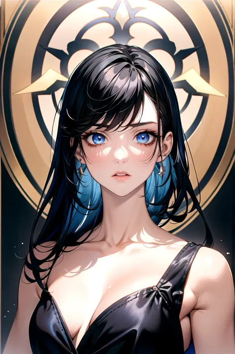 best quality, masterpiece,Black hair, blue eyes, looking up, upper body