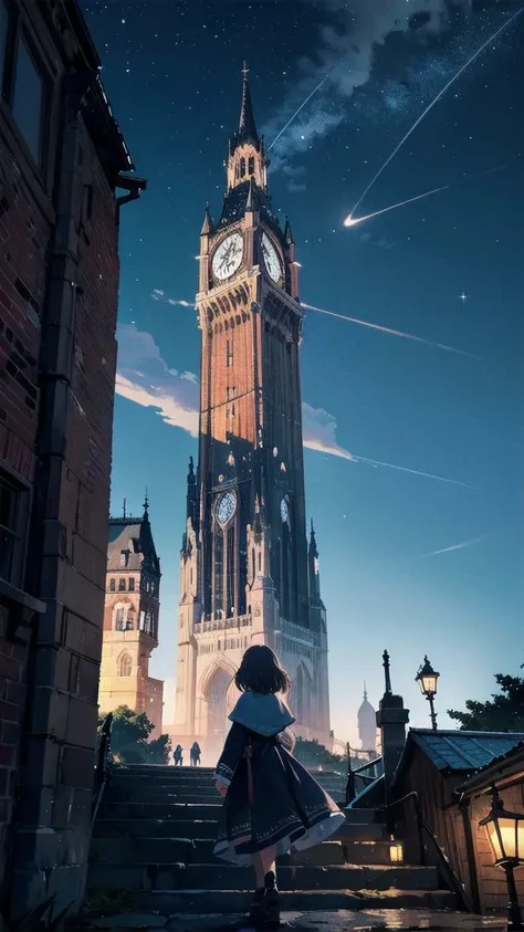 Girl looking up Scene 1: Twilight tower shadow The girl stands quietly against the sky, which is dyed an azure colour. Towering up in front of her is a huge structure called the Tower of Babel. Its form, which seems to pierce through the clouds, seems as i...