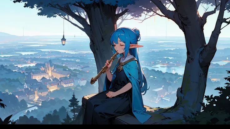 (((From diagonally left behind))), solo, Anime Elf girl playing flute while sitting gracefully on a tree branch ,magical atmosphere, panoramic fantasy night landscape,  town in the forest can be seen, with charming houses, winding streets illuminated by mo...