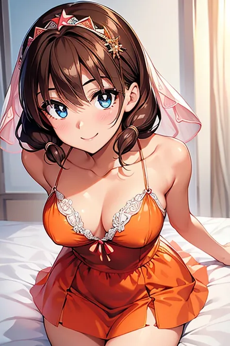 megumi amano、shiny brown hair, twin tails, beautiful blue eyes、small waist、small breasts、modest chest、smile、sparkling eyes, (fin...