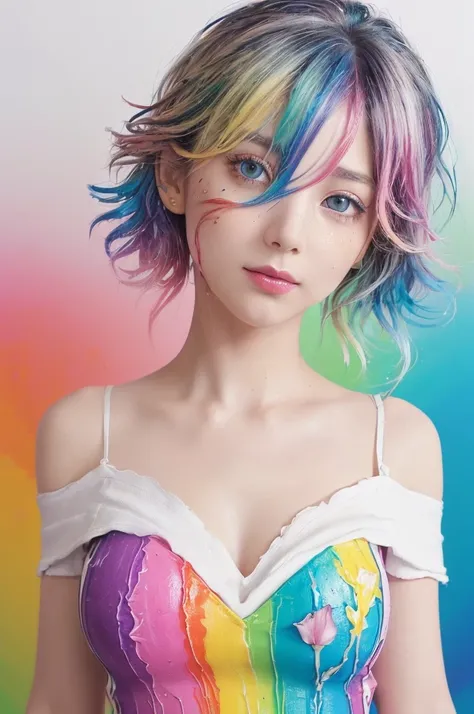 （Pink Fashion T-Shirt：1.9），(colorfulな髪: 1.8), (All the colors of the rainbow: 1.8),(((((vertical painting：1.6))), （painting：1.6），front, comics, shapes, paintings, Big eyes, Clear Eyes,（ Rainbow gradient high ponytail：1.7）, Exquisite makeup, Mouth closed,(S...