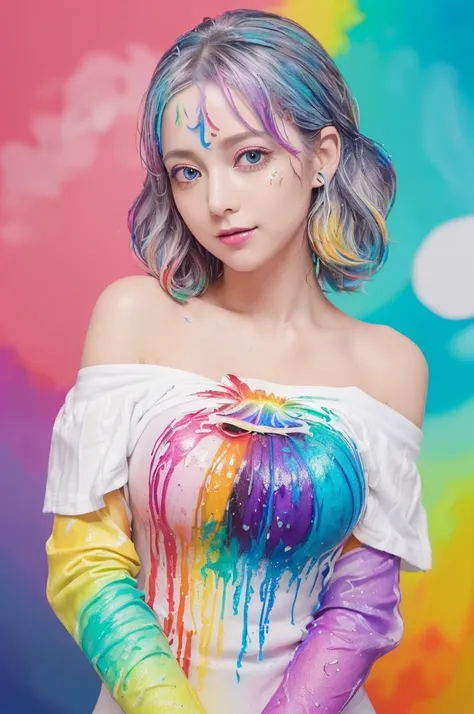 （Pink Fashion T-Shirt：1.9），(colorfulな髪: 1.8), (All the colors of the rainbow: 1.8),(((((vertical painting：1.6))), （painting：1.6），front, comics, shapes, paintings, Big eyes, Clear Eyes,（ Rainbow gradient high ponytail：1.7）, Exquisite makeup, Mouth closed,(S...